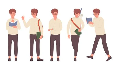 Nerdy Student Character Poses Set Vector Illustration