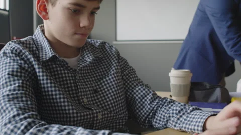 Nerdy Young Caucasian Boy Working on Programming Code on Laptop at IT Class Stock Footage 278127779