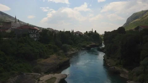 Neretva River Flowing Through Mostar, Bosnia and Herzegovina, Establishing shot Stock Footage 231685291