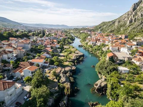 Neretva River Mostar Top Down Drone Photo with Mount Hum and Cityscape Stock Photos