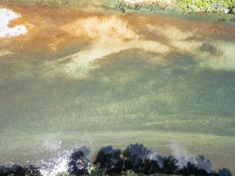 Neretva River Top-Down Drone Photo in Počitelj with Sandy Riverbed Stock Photos