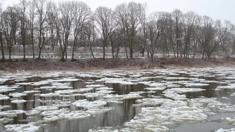 Neris river covered with pancake ice. Vilnius, Lithuania. 스톡 동영상 303371650