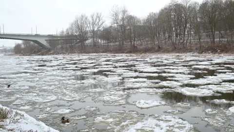 Neris river covered with pancake ice. Vilnius, Lithuania. 스톡 동영상 326661031