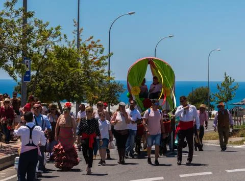 NERJA, SPAIN - 15 MAY, 2018 annual pilgrimage in the coastal Andalusian town  Stock Photos
