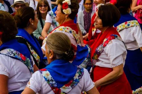 NERJA, SPAIN - MAY 04, 2018  folk dance show by a group of people on the stre Stock Photos
