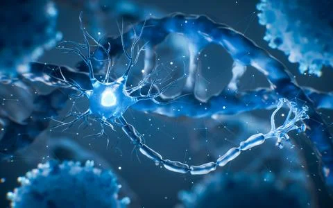 Nerve cell with biological DNA background, 3d rendering. Illustrazione stock