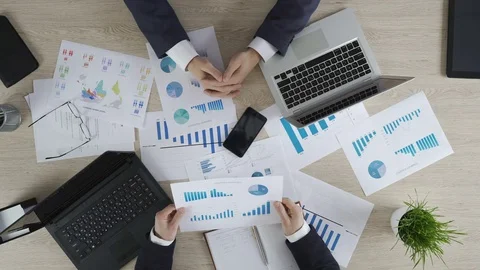Nervous employee waiting for boss decision on project strategy, office top view Stock Footage