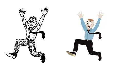 Nervous man in panic. Scared office employee with hands up runs somewhere. Stock Illustration