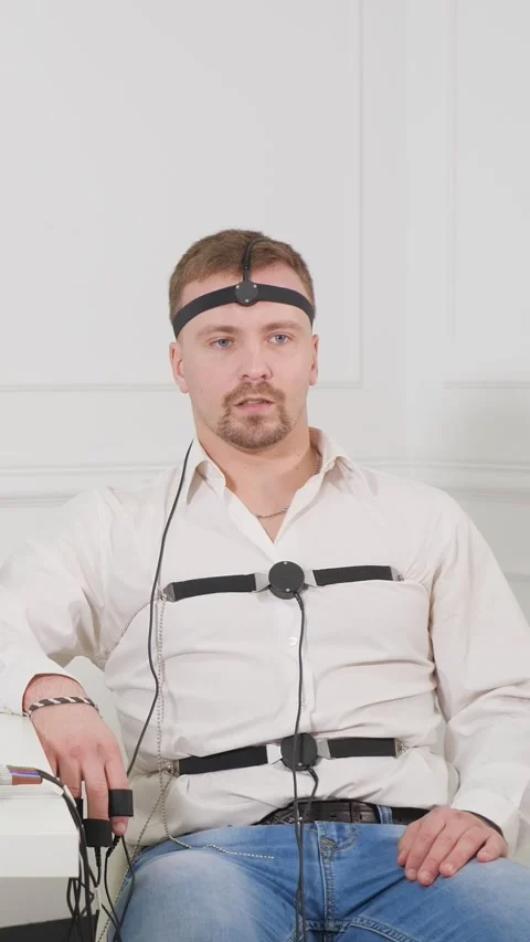 Nervous man undergoing polygraph lie detector test Stock-Footage 346391141