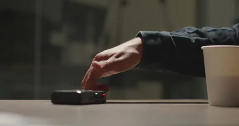 Nervous Man's Hands Gesturing While In Police Interrogation Room. Tape Recorder Stock Footage 273178791