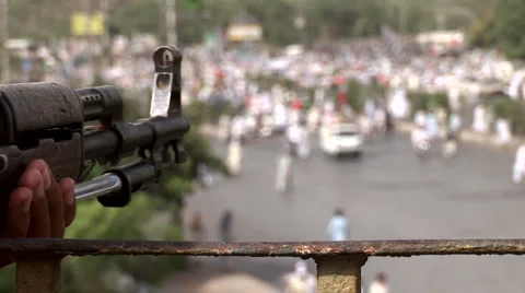 Nervous Police watches Islamist Rally gather in Karachi, Pakistan Stock Footage