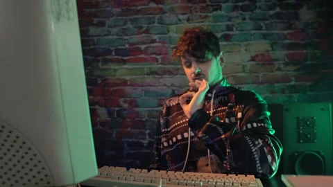 Nervous Software Programmer Having Problem With Desktop Computer From 1990's Stock Footage 302972456