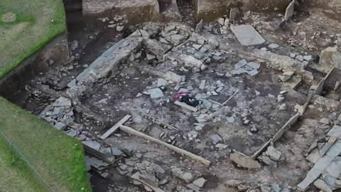 Ness of Brodgar, Close-Up Drone Clip of Structure 27, Ancient Orkney 4K Stock Footage 259912424