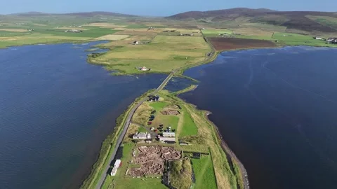 Ness of Brodgar, Gliding Drone Clip of Neolithic Village, Landscape, Orkney, 4K Stock Footage 259904152