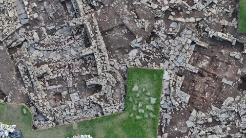 Ness of Brodgar, Overhead Drone Clip of Structures, Ancient Orkney, 4K Stock Footage 259911989