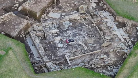 Ness of Brodgar Structure 27 Drone Clip, Orkney, Neolithic Site 4K Stock Footage 259910953