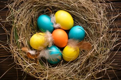 Nest from dry grass with easter eggs and feathers Stock Photos