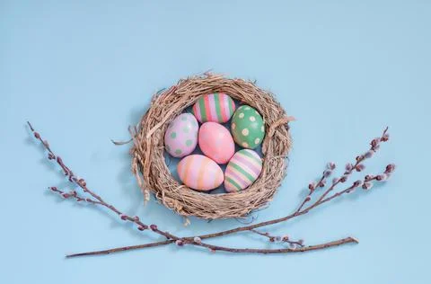 Nest with Easter eggs and willow branches on a blue background, Easter,spring Stock Photos