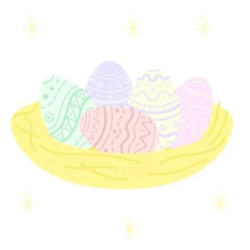 Nest with Easter eggs of different colors with patterns 스톡 일러스트