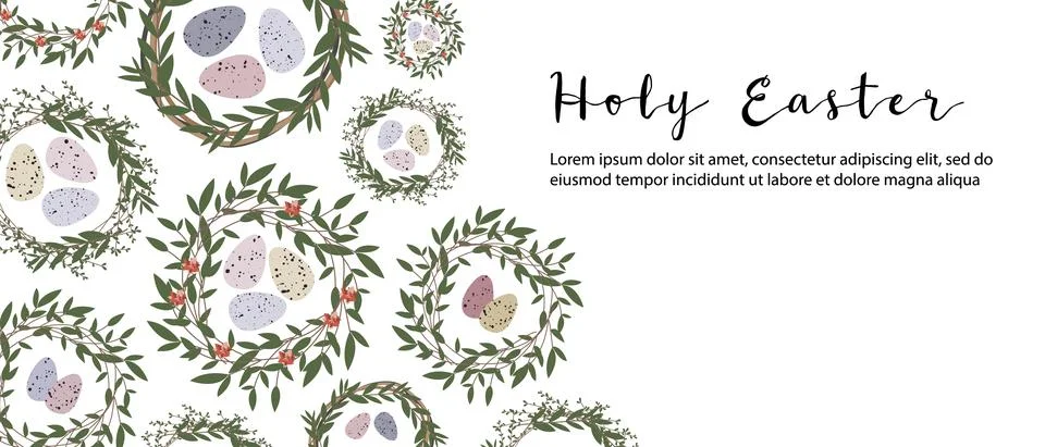 Nest with Easter eggs. Eco rustic decoration. Holy Easter banner Stock Illustration