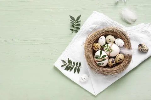 Nest with Easter eggs, feathers and leaves on green wooden background Stock Photos