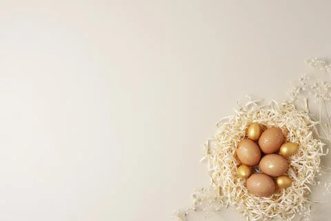 Nest with easter eggs with flowers on beige pastel background. Flat lay, copy Stock Photos