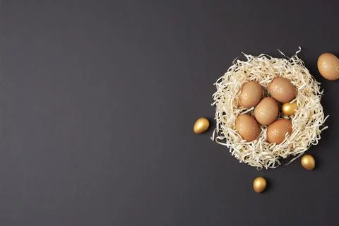 Nest with easter eggs with flowers on dark brown background. Flat lay, copy s Stock Photos