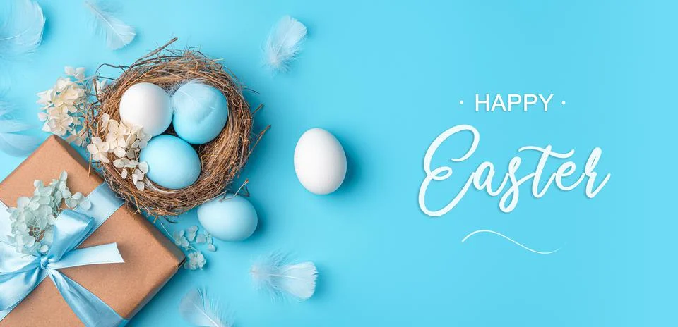 A nest with Easter eggs, a gift and feathers on a blue background. Stock Photos