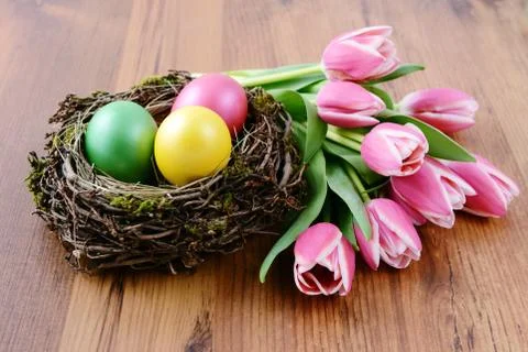 Nest of Easter eggs surrounded by bunch of fresh pink tulips Stock Photos