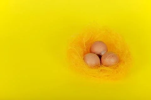 The nest with easter eggs on yellow background Foto stock