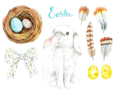 A nest with eggs, a rabbit, a bow and feathers. Stock Illustration