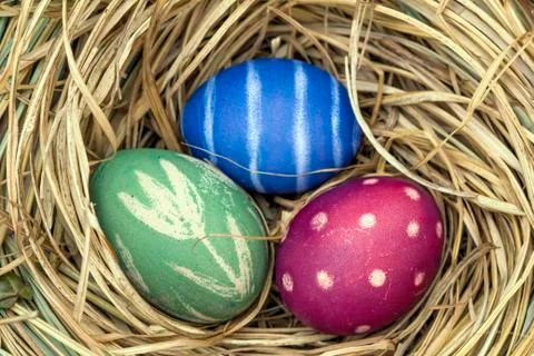Nest of natural-colored Easter eggs Stock Photos
