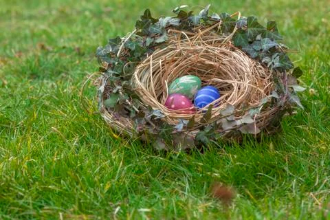 Nest of natural-colored Easter eggs Stock Photos
