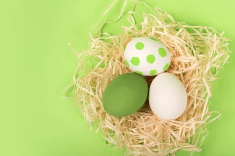 Nest with painted easter eggs on green background Stock Photos