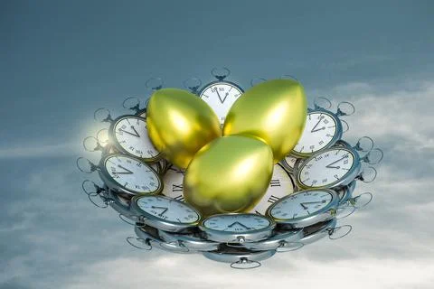 Nest in a shape of many pocket old style clocks with golden eggs inside in a Stock Illustration