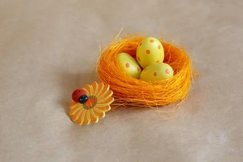 Nest with speckled Easter eggs on a crafting Stock Photos