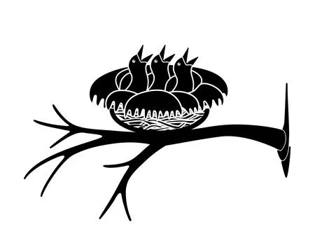 A nest with three chicks on a tree branch is a vector silhouette image Stock Illustration