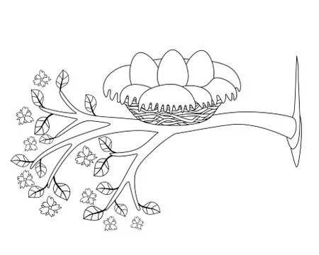 Nest with three eggs on a flowering tree - vector spring linear picture. Stock-Illustration