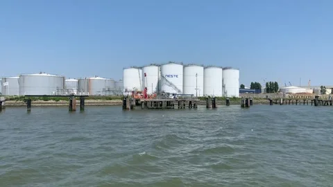 NESTE oil terminal, storage facility at Rotterdam harbour, port. Netherlands Stock Footage 244861990