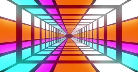 Nested frames forming receding tunnel with magenta cyan orange white panels 库存照片