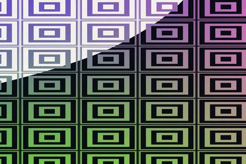 Nested rectangular motifs blend purple green pink and orange tones across dark Illustrazione stock