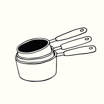 A nested set of three dry measuring cups with long handles is shown in a simple Illustration
