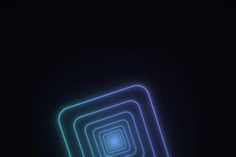 Nested, tilted rounded-square outlines glow cyan and blue in the lower half.. 库存插图