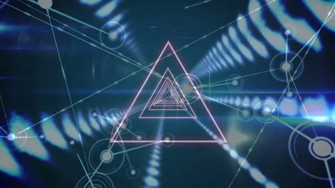 Nested wireframe triangles forming vanishing tunnel showing glowing nodes Stock Footage 309094211