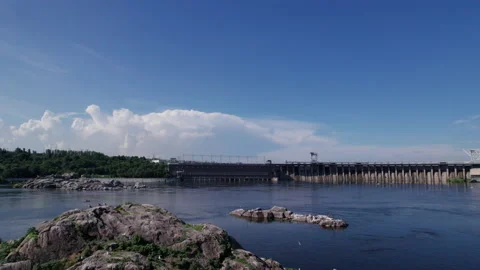 Nesting of big flock of seagulls, rocks and cliffs in river Dnieper. Drone vi Stock Footage 157724163