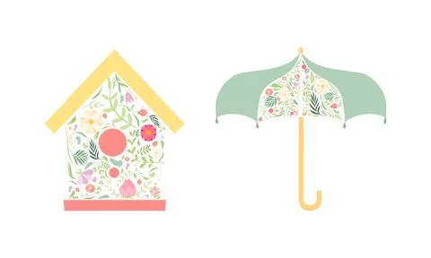 Nesting Box and Umbrella as Spring Symbol Decorated with Floral Pattern Vector Stock Illustration