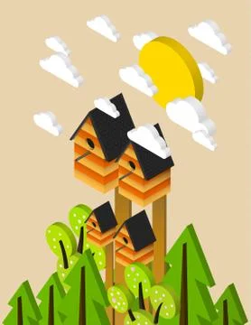 Nesting box, isometric illustration, fresh spring poster Stock Illustration