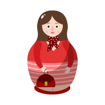 Nesting doll in a colorful drawing red costume with a handbag. Vector Stockillustratie