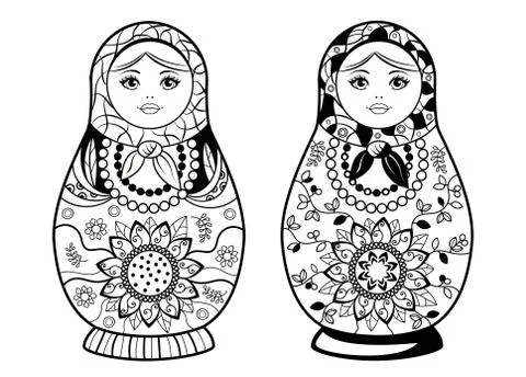 Nesting doll for Coloring Book. Black drawing on white background Stock Illustration