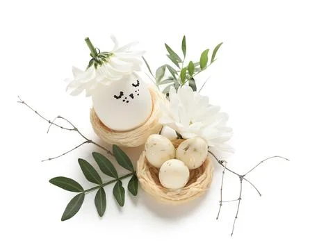 Nests with creative Easter eggs, flowers and leaves isolated on white backgro Stock Photos